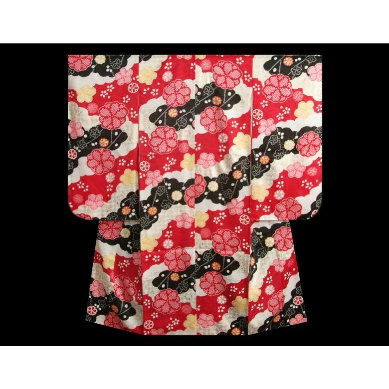 七五三 正絹 絹100％ 着物 7歳 着物フルセット 式部浪漫ブランド 赤 黒 疋田桜 金彩 金襴有職文様帯セット 足袋に腰紐など20点セット 日本製 | 京美 | 03