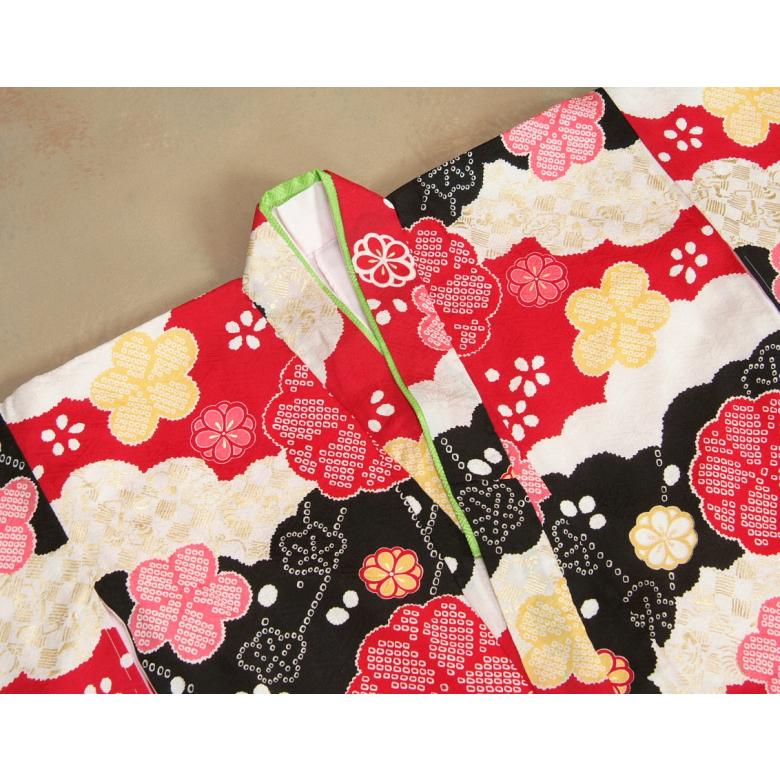 七五三 正絹 絹100％ 着物 7歳 着物フルセット 式部浪漫ブランド 赤 黒 疋田桜 金彩 金襴有職文様帯セット 足袋に腰紐など20点セット 日本製 | 京美 | 04