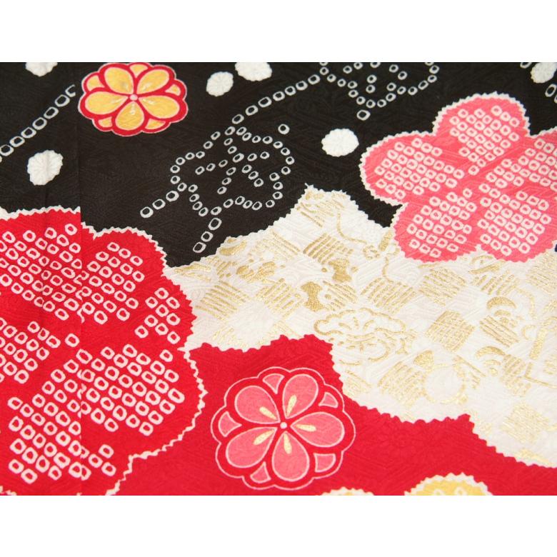 七五三 正絹 絹100％ 着物 7歳 着物フルセット 式部浪漫ブランド 赤 黒 疋田桜 金彩 金襴有職文様帯セット 足袋に腰紐など20点セット 日本製 | 京美 | 05