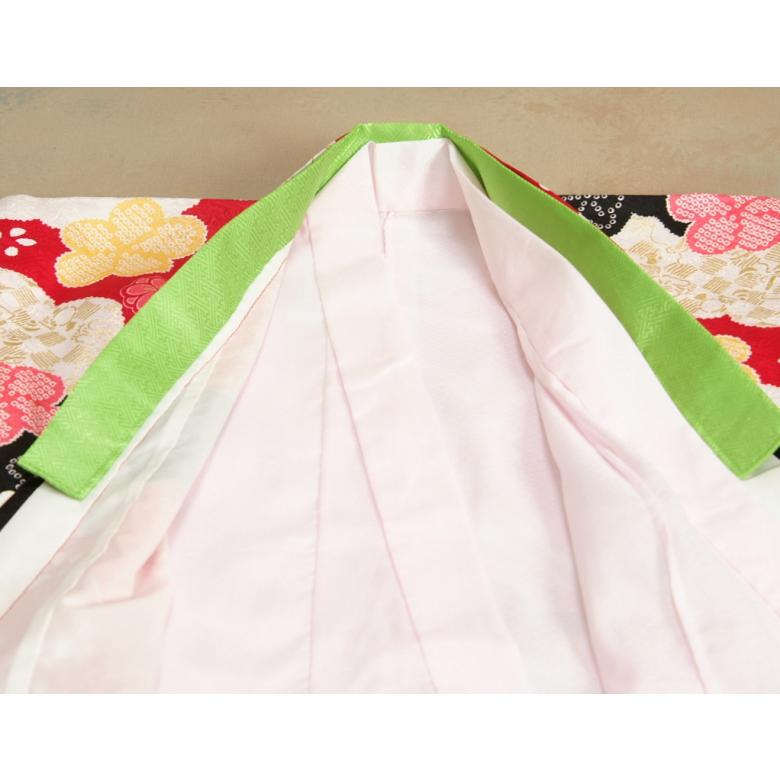 七五三 正絹 絹100％ 着物 7歳 着物フルセット 式部浪漫ブランド 赤 黒 疋田桜 金彩 金襴有職文様帯セット 足袋に腰紐など20点セット 日本製 | 京美 | 06