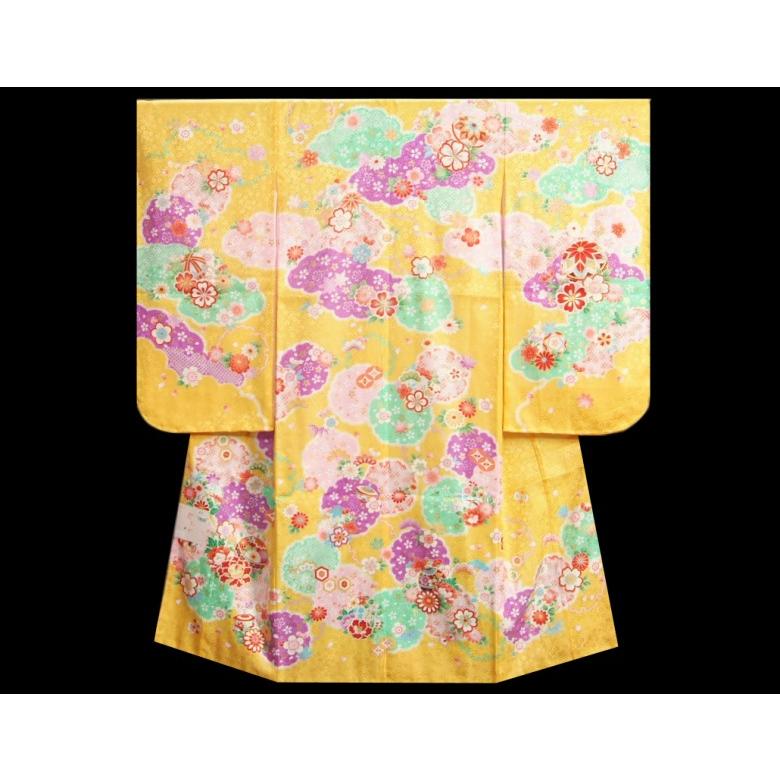 七五三 正絹 絹100％ 着物 7歳着物フルセット 山吹色 鈴金駒刺繍 雪輪雲取り文様 黒地白梅文様帯セット 足袋に腰紐など20点セット 日本製_3