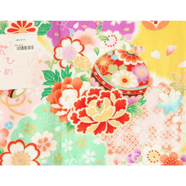 七五三 正絹 絹100％ 着物 7歳着物フルセット 山吹色 鈴金駒刺繍 雪輪雲取り文様 黒地白梅文様帯セット 足袋に腰紐など20点セット 日本製_5