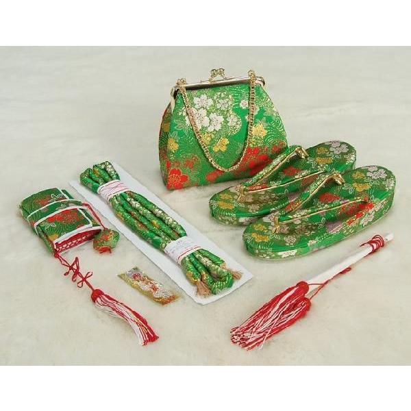 七五三着物用 筥迫セット ハコセコセット ７歳用 緑 桜流水柄 草履バッグ６点セット 日本製 | 京美 | 01