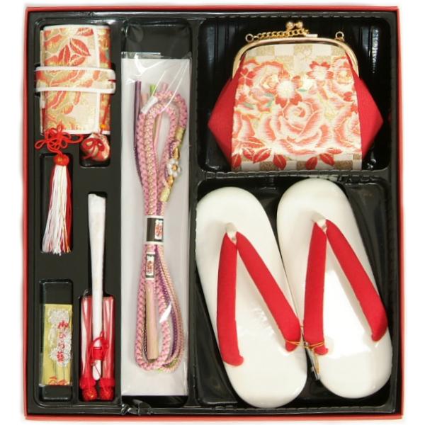 七五三 小物 着物用箱セコセット 筥迫セット ７歳用 金襴市松柄 バッグに草履の付いた６点セット 日本製