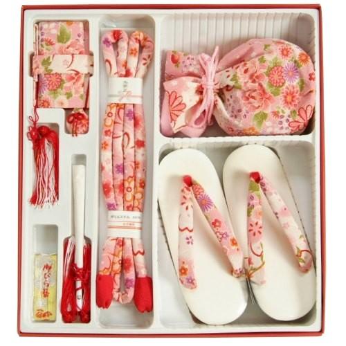 七五三 小物 着物用箱セコセット 筥迫セット ７歳用 ピンク白ぼかし ちりめん生地 きんちゃくに草履の付いた６点セット 日本製