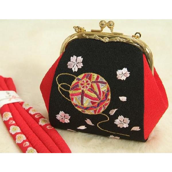 七五三 小物 着物用箱セコセット 筥迫セット ７歳用 黒 まり刺繍 ちりめん生地 バッグに草履の付いた６点セット 日本製 | 京美 | 04