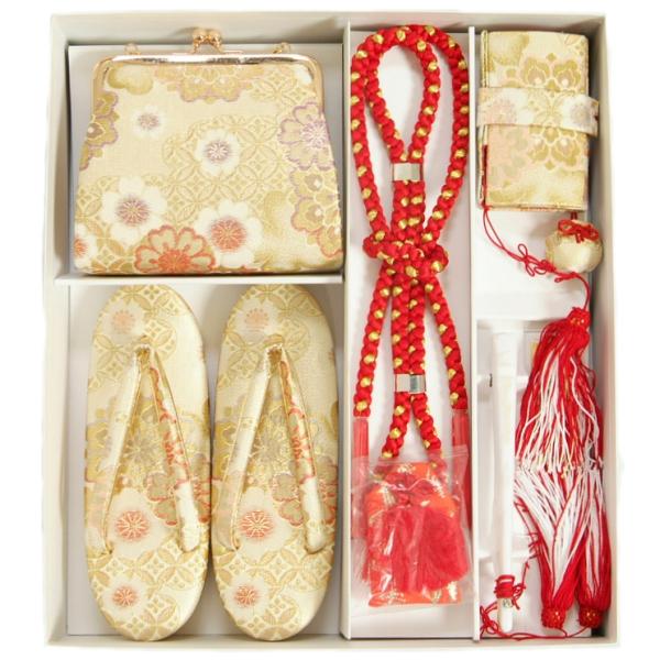 七五三 小物 着物用箱セコセット 筥迫セット ７歳用 ベージュ金襴地 七宝唐花 桐生織生地 バッグに草履の付いた7点セット 日本製