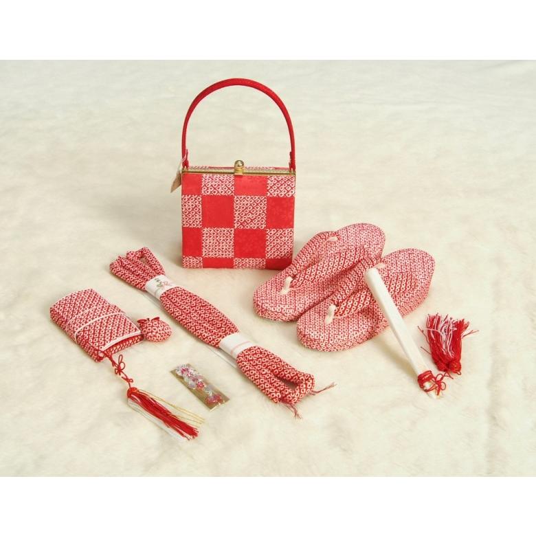七五三に最適な草履バッグ筥迫セット ハコセコセット 正絹 7歳 赤色