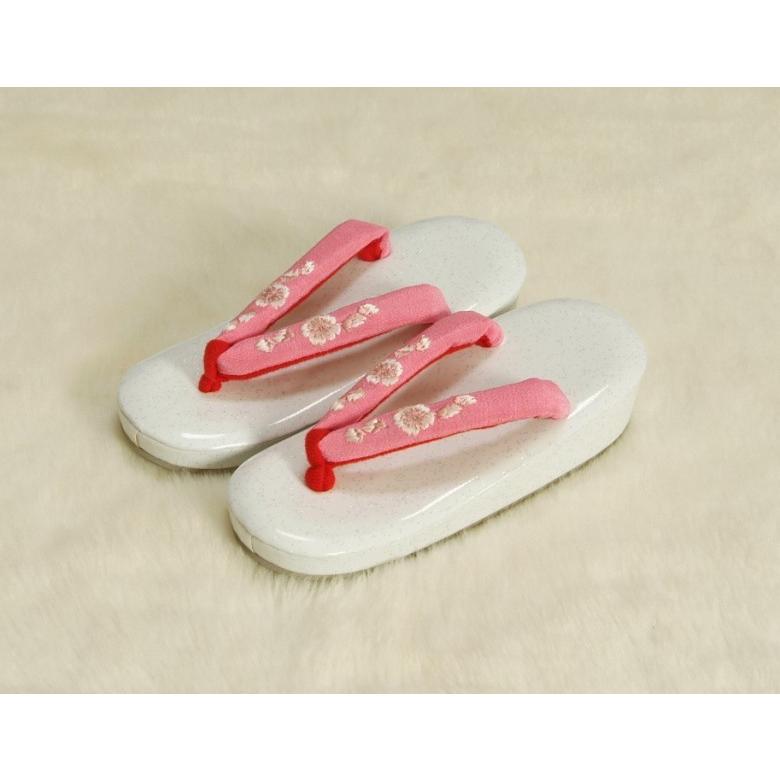 七五三 草履単品 7歳用 白地ラメ判 ピンク鼻緒桜刺繍使い 大サイズ 箱なし | 京美 | 01