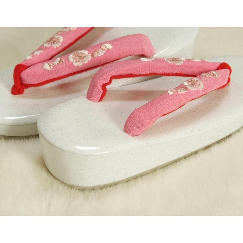 七五三 草履単品 7歳用 白地ラメ判 ピンク鼻緒桜刺繍使い 大サイズ 箱なし | 京美 | 03