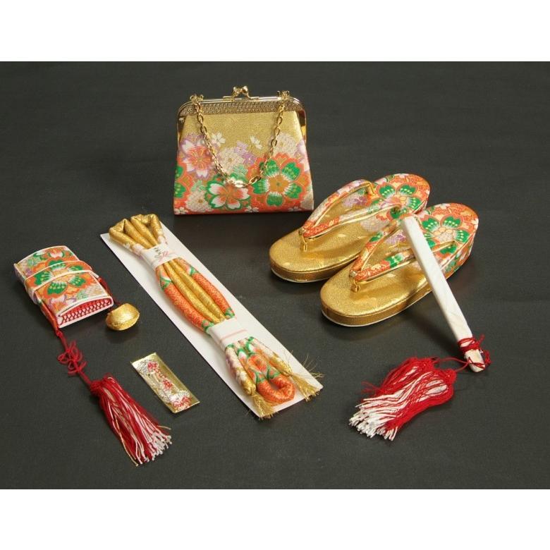 七五三 小物 着物用箱セコセット 筥迫セット ７歳用 金欄朱赤染め分け 織生地 バッグに草履の付いた６点セット 日本製 | 京美 | 01