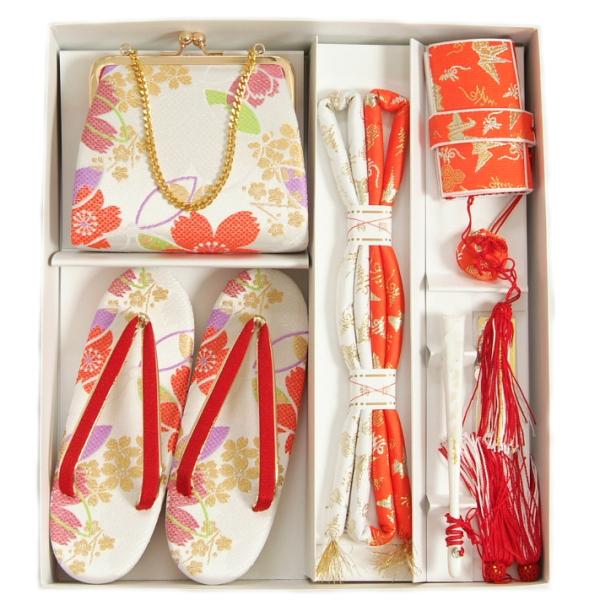 七五三 小物 着物用箱セコセット 筥迫セット 7歳用 パールホワイト 桜 織生地 バッグに草履の付いた7点セット 日本製