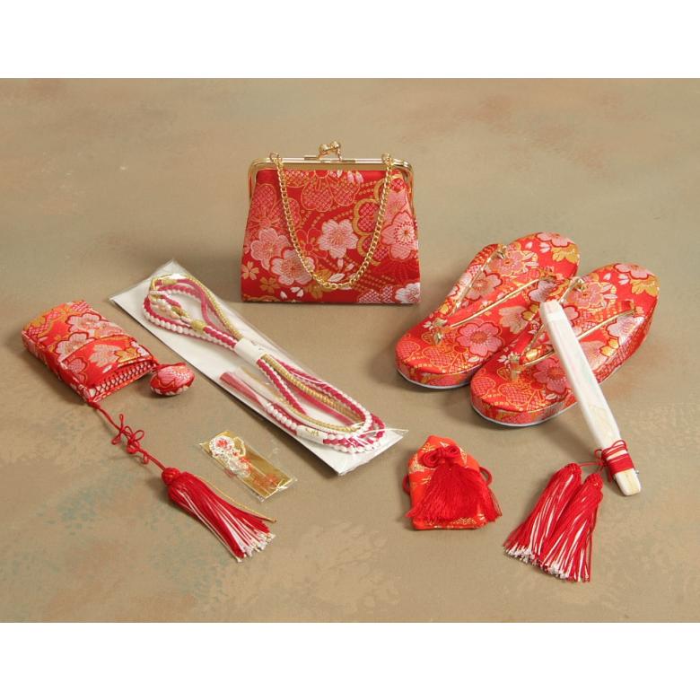 京美 七五三 7歳 草履バッグ筥迫セット 箱セコセット 赤地 三色桜柄