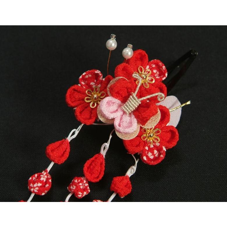 髪飾り 七五三着物 成人式振袖 卒業袴 に最適な和タイプ 赤 蝶 梅桜垂れ飾り付き 金銀桜 クリップピンタイプ 日本製 | 京美 | 02