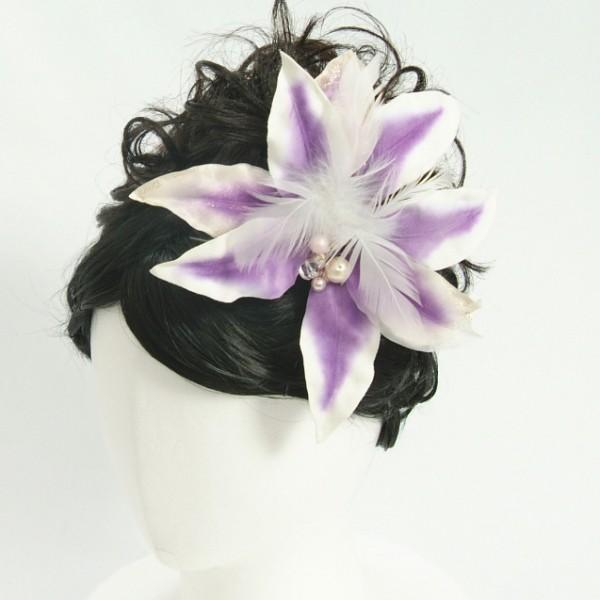 髪飾り　成人式　振袖　七五三着物　卒業袴　ドレスにも使えます　パープルホワイトハイビスカス　コームタイプ　日本製