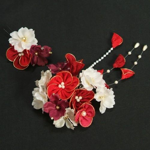 髪飾り　成人式　振袖　七五三着物　卒業袴　エンジ　白　コームピンタイプ　2点セット　日本製