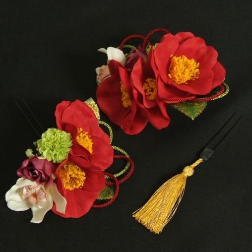 髪飾り　成人式　振袖　七五三着物　卒業袴　ドレスにも使えます　赤　3点セット　椿華　コーム・ピンタイプ　日本製