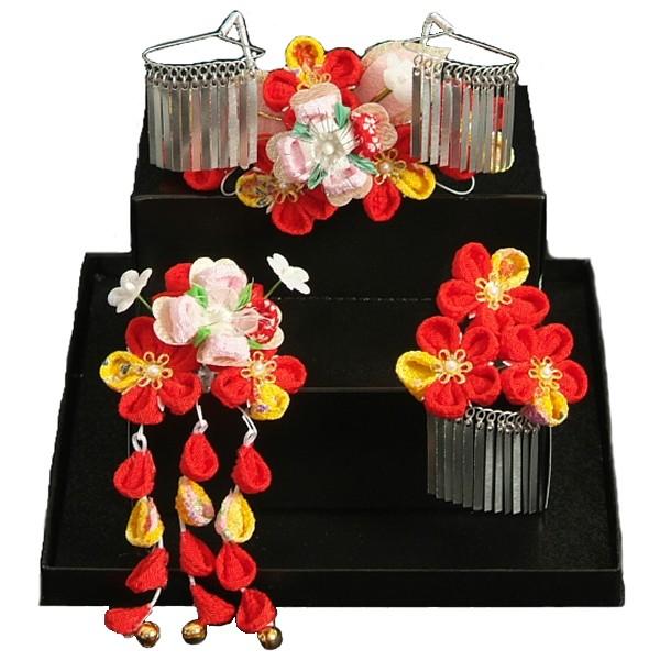 髪飾り　七五三着物　成人式振袖　卒業袴　に最適な和タイプ　3点セット　赤　ちりめん地　桜垂れ飾り　かんざしピンタイプ　日本製