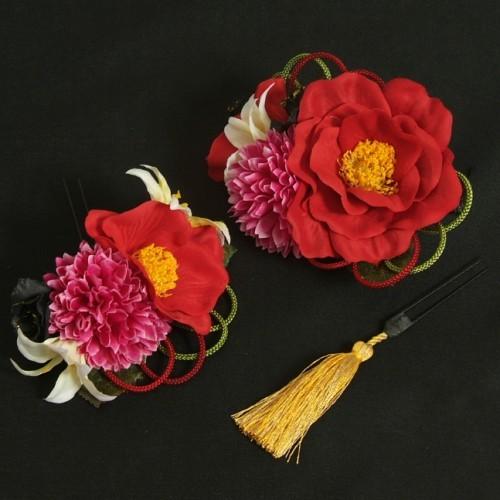 髪飾り　成人式　振袖　七五三着物　卒業袴　ドレスにも使えます　赤　パープル　3点セット　椿　百合　コーム・ピンタイプ　日本製