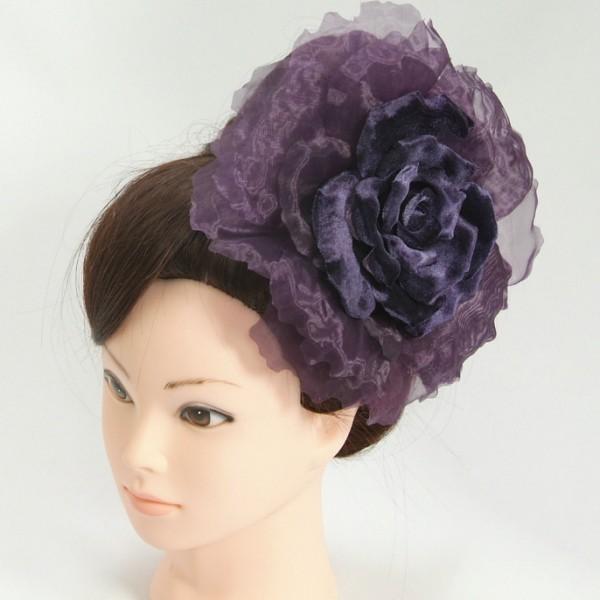 髪飾り　成人式　振袖　七五三着物　卒業袴　ドレスにも使えます　パープル　大華飾り　ベロアオーガンジー　クリップピンタイプ