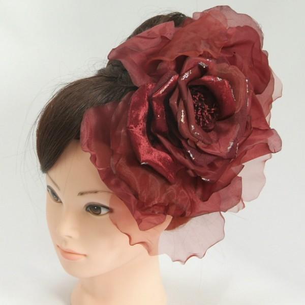 髪飾り　成人式　振袖　七五三着物　卒業袴　ドレスにも使えます　ワインレッド　大華飾り　ベロアオーガンジー　ラメ吹き付け　クリップピンタイプ