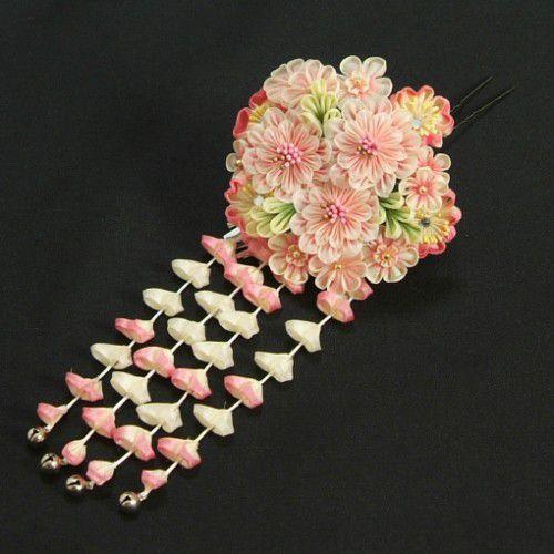 髪飾り　成人式　振袖　卒業袴　七五三　八重桜　淡ピンク　白　つまみかんざしピンタイプ　日本製