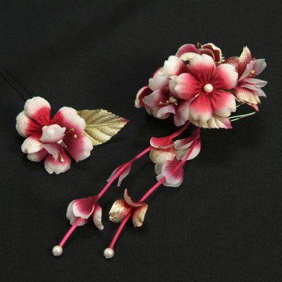 髪飾り　成人式　振袖　七五三着物　卒業袴　ドレスにも使えます　エンジホワイト　コーム・ピンタイプ　2点セット　日本製