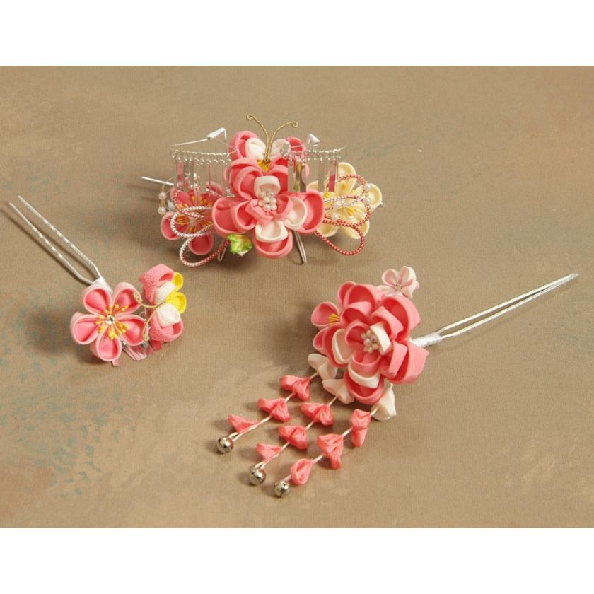 髪飾り 七五三 女の子 7歳着物 成人式振袖 卒業袴 に最適な和タイプ 3点セット ピンク 白 桜垂れ飾り かんざしピンタイプ 日本製 | 京美 | 02