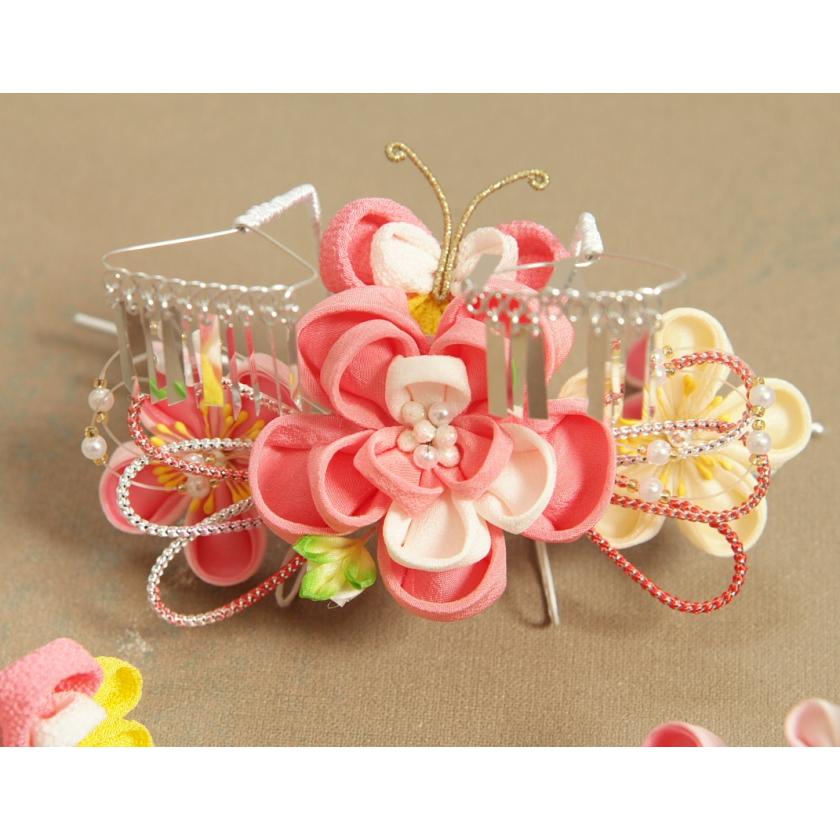 髪飾り 七五三 女の子 7歳着物 成人式振袖 卒業袴 に最適な和タイプ 3点セット ピンク 白 桜垂れ飾り かんざしピンタイプ 日本製 | 京美 | 03
