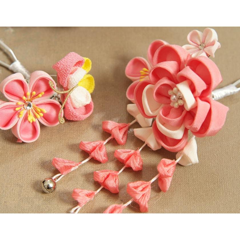 髪飾り 七五三 女の子 7歳着物 成人式振袖 卒業袴 に最適な和タイプ 3点セット ピンク 白 桜垂れ飾り かんざしピンタイプ 日本製 | 京美 | 04