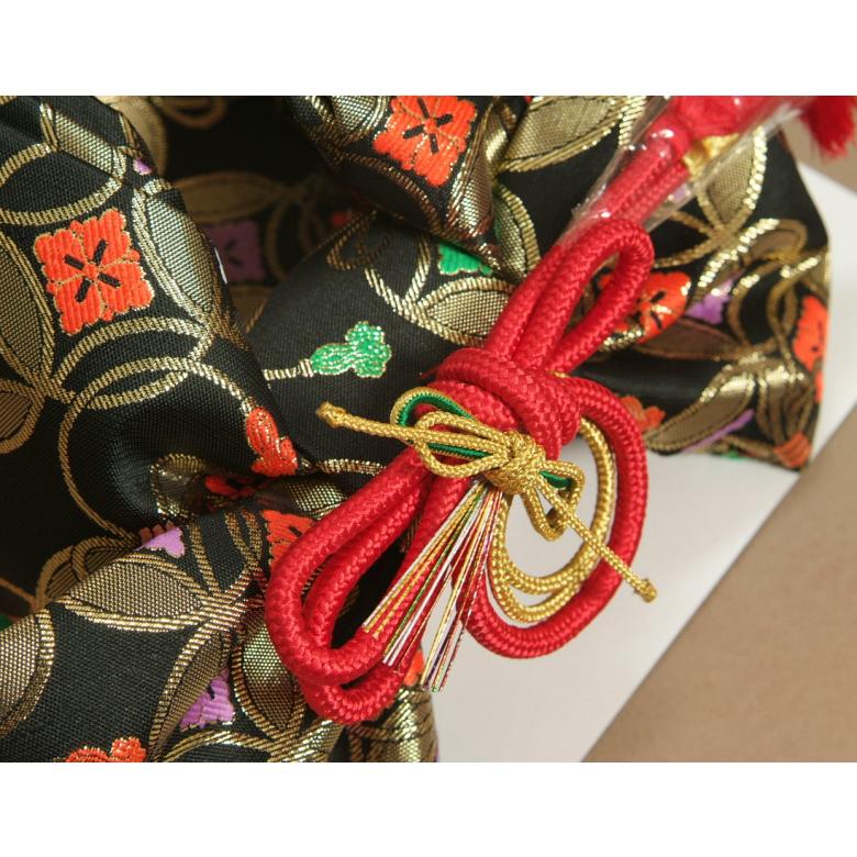 七五三 着物用 祝い帯 作り帯 7歳用 黒地 七宝花菱 飾り紐付き 大サイズ 日本製の画像