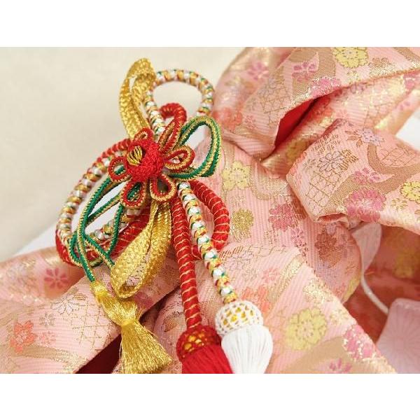 京美 七五三着物用祝い帯 7歳用 ピンク 桜流水柄 飾り紐付き 大サイズ 