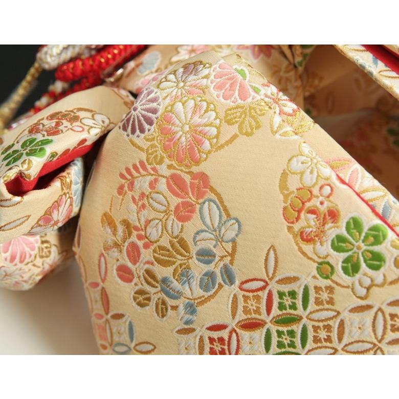 七五三 7歳着物用 祝い帯 作り帯 女の子 ベージュゴールド地 有職柄 桐生織生地 飾り紐付き 大サイズ 日本製 | 京美 | 02