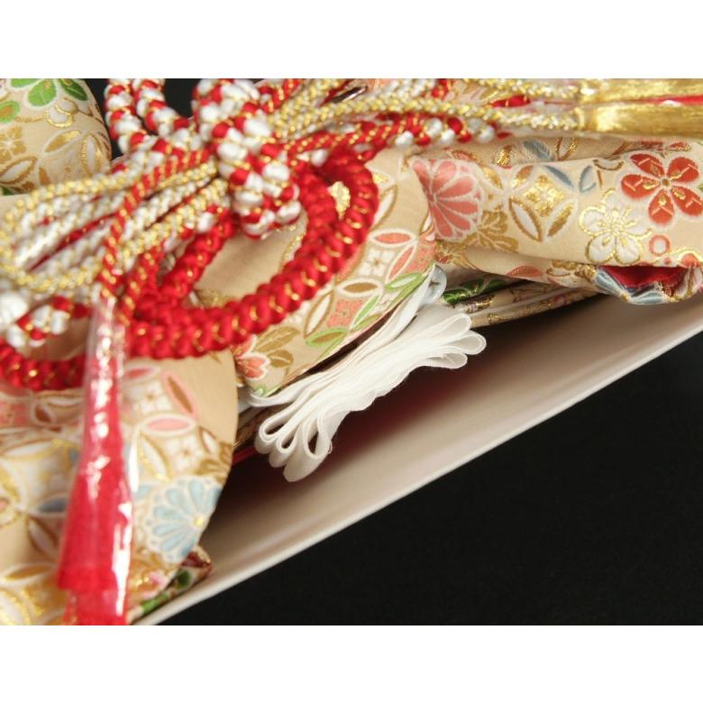 七五三 7歳着物用 祝い帯 作り帯 女の子 ベージュゴールド地 有職柄 桐生織生地 飾り紐付き 大サイズ 日本製 | 京美 | 05