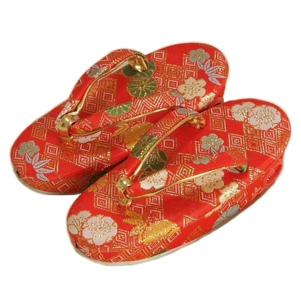 七五三 草履単品 2～3歳用 赤地色 桜菊文様 かかと鈴使い 小サイズ 日本製