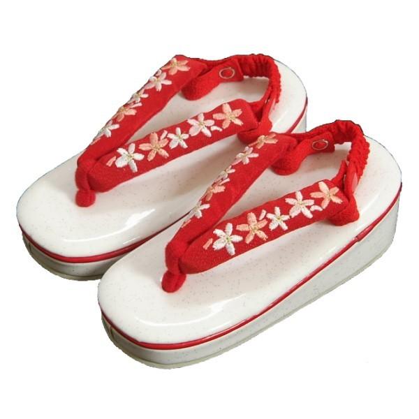 七五三 草履単品 3～5歳用 白地色 ラメ判 赤刺繍使い鼻緒 中サイズ 箱なし