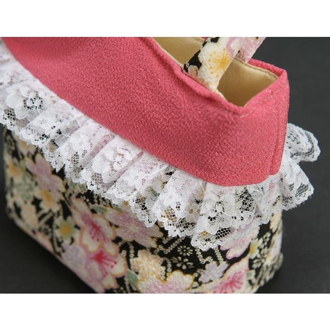 京美 七五三 3歳から5歳用 正絹被布草履バッグセット 黒 鈴 桜柄 被布  