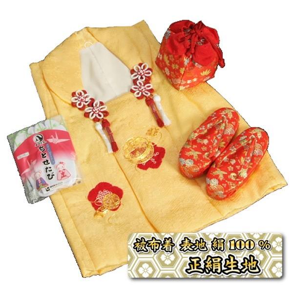 七五三 3歳から5歳用 正絹 本絞り 被布草履きんちゃくセット 金駒刺繍まり 赤色鼻緒 被布黄色 足袋付きセット 日本製