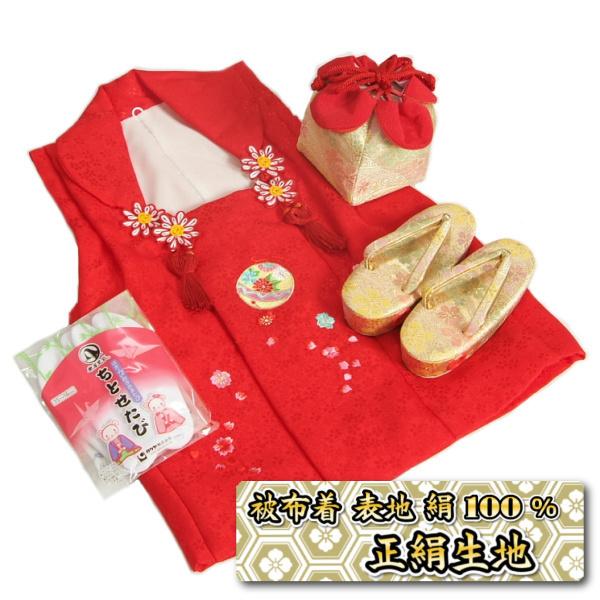 七五三 3歳から5歳用 正絹被布草履きんちゃくセット 草履ベージュゴールド 被布赤色地 足袋付きセット 日本製 | 京美