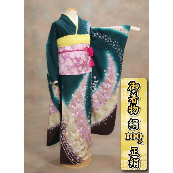 正絹振袖仕立て上がり　成人式　濃グリーン　花蝶流れ柄　　和小物セット付 