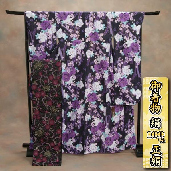 振袖仕立て上がり　黒地に白紫花　熨斗柄　ＨＬブランド　5点セット　成人式　卒業式 