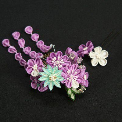 髪飾り　成人式　振袖　卒業袴　七五三　パープル　白　コーム・ピンタイプ　華垂れ飾り付　2点セット　日本製