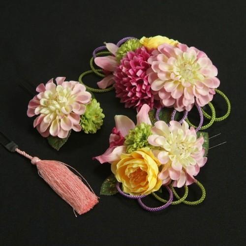 髪飾り　成人式　振袖　卒業袴　七五三　濃淡ピンク　白　コーム・ピンタイプ　4点セット　日本製