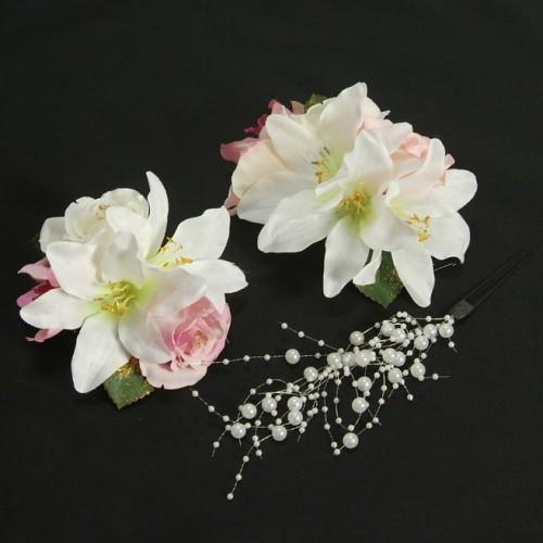 髪飾り　成人式　振袖　卒業袴　七五三　白　ピンク　ハイビスカス　コーム・ピンタイプ　3点セット　日本製