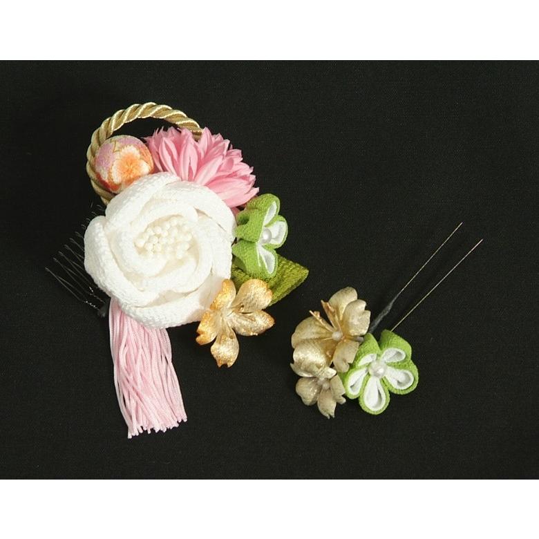 髪飾り　成人式　振袖　七五三着物　卒業袴　ピンク、白　薔薇　小鞠　コーム・ピンタイプ　2点セット　手染め　日本製 |  | 01