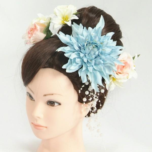 髪飾り　成人式　振袖　卒業袴　七五三　水色　白　ピンク　コーム・ピンタイプ　5点セット　日本製 | 