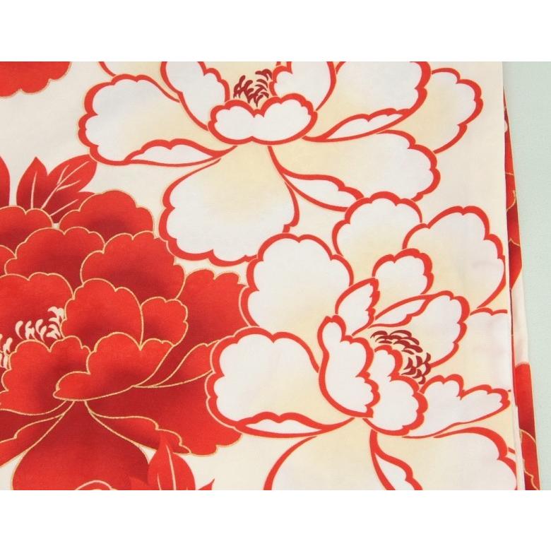 小学生　卒業袴着物４点セット　花ひめブランド　ジュニアサイズ　オフホワイト　赤色大芍薬　緑刺繍袴　ピンク黄色両面帯　十三参りとしても御使用出来ます | 京美 | 02