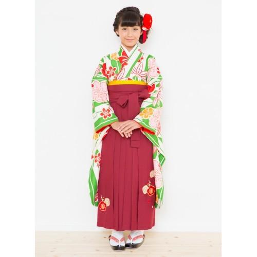 小学生　卒業袴着物４点セット　花ひめブランド　ジュニアサイズ　緑　矢絣　エンジ刺繍袴　ピンク黄色両面帯　十三参りとしても御使用出来ます