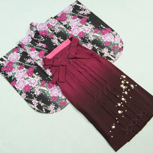 卒業袴着物フルセット　HLブランド　卒業式　黒　紫芍薬　桜刺繍濃淡ボカシ袴　レンタルよりお値打ちな13点セット