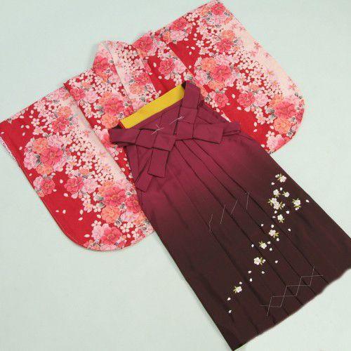 卒業袴着物フルセット　HLブランド　卒業式　赤×ピンク　桜　桜刺繍濃淡ボカシ袴　レンタルよりお値打ちな13点セット